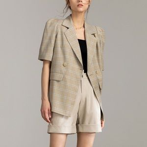 short sleeve double breast blazer plaid